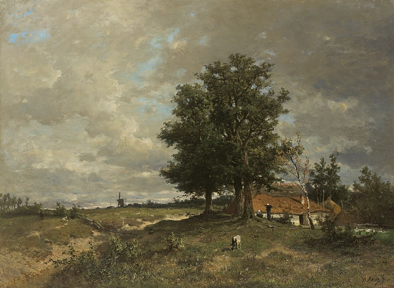 Mauve A. | Anthonij 'Anton' Mauve, Weids zomerlandschap met boerderij en molen en schaapskudde, olieverf op doek 75,0 x 101,7 cm, gesigneerd rechtsonder en te dateren ca. 1870 Mauve A. | Anthonij 'Anton' Mauve, Weids zomerlandschap met boerderij en molen en schaapskudde, olieverf op doek 75,0 x 101,7 cm, gesigneerd rechtsonder en te dateren ca. 1870
