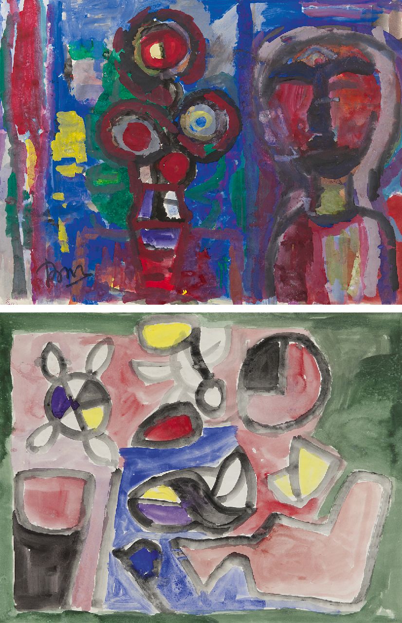 Benner G. | Gerrit Benner, Vrouw in interieur; verso: Compositie, aquarel en gouache op papier 49,5 x 65,5 cm, gesigneerd linksonder Benner G. | Gerrit Benner, Vrouw in interieur; verso: Compositie, aquarel en gouache op papier 49,5 x 65,5 cm, gesigneerd linksonder