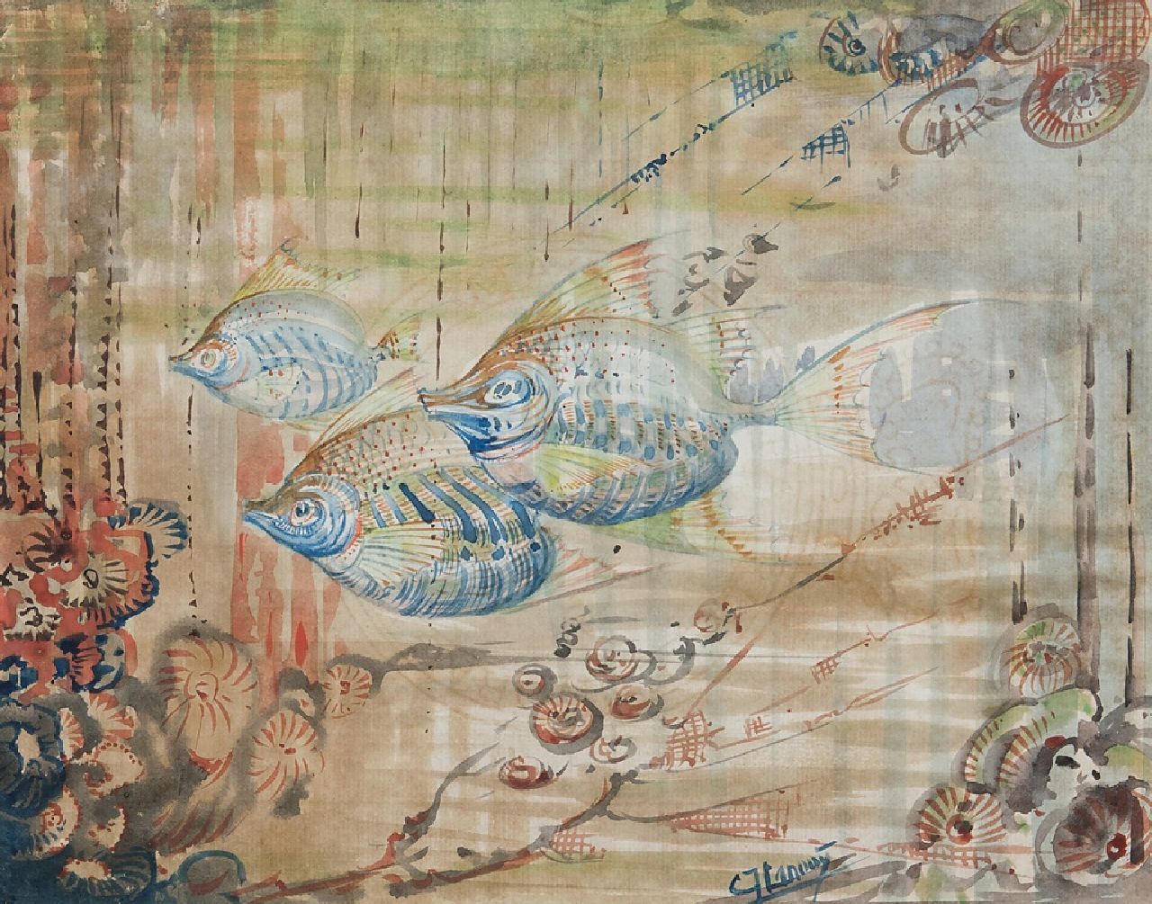 Lanooy C.J. | Christiaan Johannes 'Chris' Lanooy, Drie vissen, aquarel op papier 19,9 x 25,1 cm, gesigneerd rechts van het midden. Lanooy C.J. | Christiaan Johannes 'Chris' Lanooy, Drie vissen, aquarel op papier 19,9 x 25,1 cm, gesigneerd rechts van het midden.