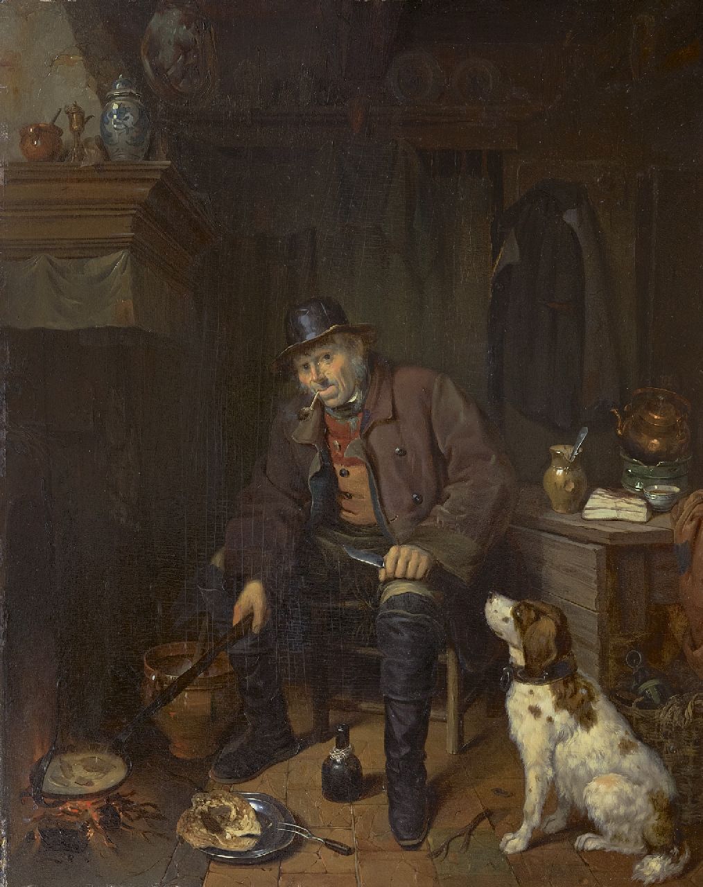 Johannes Antonius Canta | Interieur met jager en zijn trouwe hond, olieverf op paneel, 58,8 x 47,3 cm, gesigneerd r.m. op de tafelrand