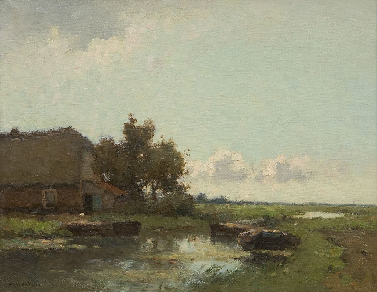 Knikker A.  | Aris Knikker, Afgemeerde schuiten bij een boerderij, olieverf op doek 32,3 x 41,1 cm, gesigneerd linksonder