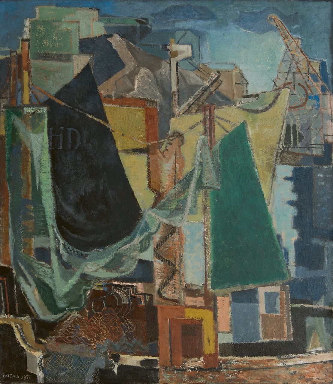 Bosma W.  | Willem 'Wim' Bosma, Havengezicht, olieverf op doek 109,8 x 95,2 cm, gesigneerd linksonder en gedateerd 1955