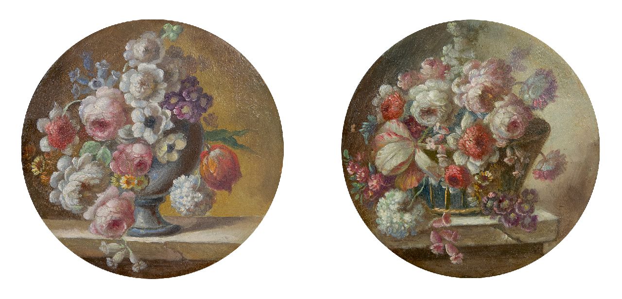 Spaendonck (omgeving van) C. van | Cornelis van Spaendonck (omgeving van) | Schilderijen te koop aangeboden | Miniaturen van koolrozen in een mand (2), olieverf op koper 8,6 cm