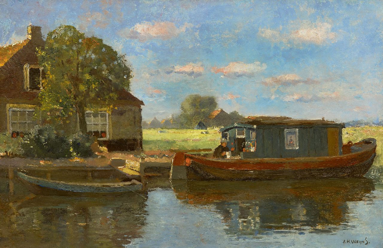 Jan Harm Weijns | Afgemeerde schuit in Katwijk aan den Rijn, olieverf op doek, 40,5 x 60,8 cm, gesigneerd r.o. Jan Harm Weijns | Afgemeerde schuit in Katwijk aan den Rijn, olieverf op doek, 40,5 x 60,8 cm, gesigneerd r.o.