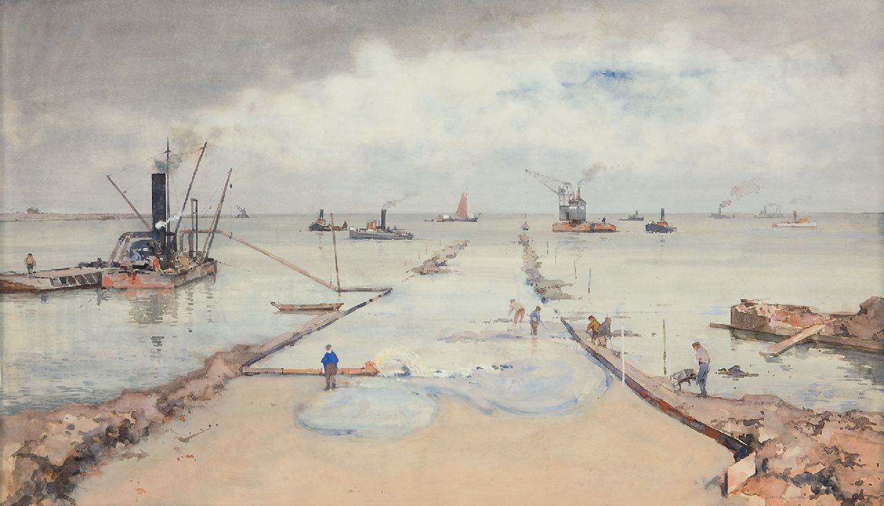 Vreedenburgh C. | Cornelis Vreedenburgh, De Afsluitdijk in aanbouw, 1931, aquarel op papier 54,1 x 92,4 cm, gesigneerd rechtsonder en gedateerd 1931 Vreedenburgh C. | Cornelis Vreedenburgh, De Afsluitdijk in aanbouw, 1931, aquarel op papier 54,1 x 92,4 cm, gesigneerd rechtsonder en gedateerd 1931