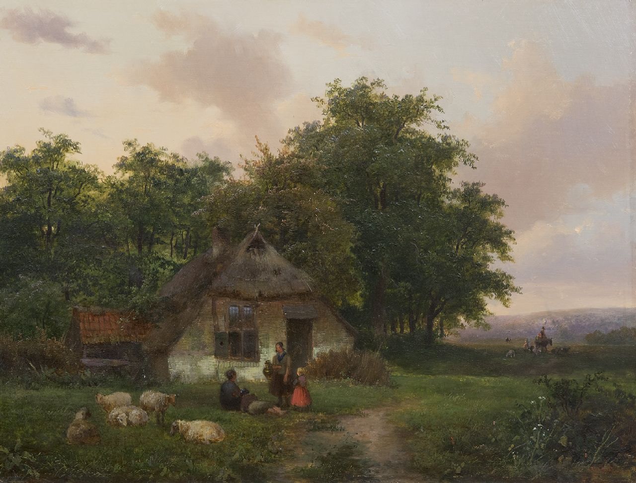 Rietstap A.R.  | Antonius Renardus Rietstap | Schilderijen te koop aangeboden | Landschap met figuren bij een boerderij, olieverf op paneel 34,3 x 45,0 cm, gesigneerd rechtsonder (onduideljk) en zonder lijst