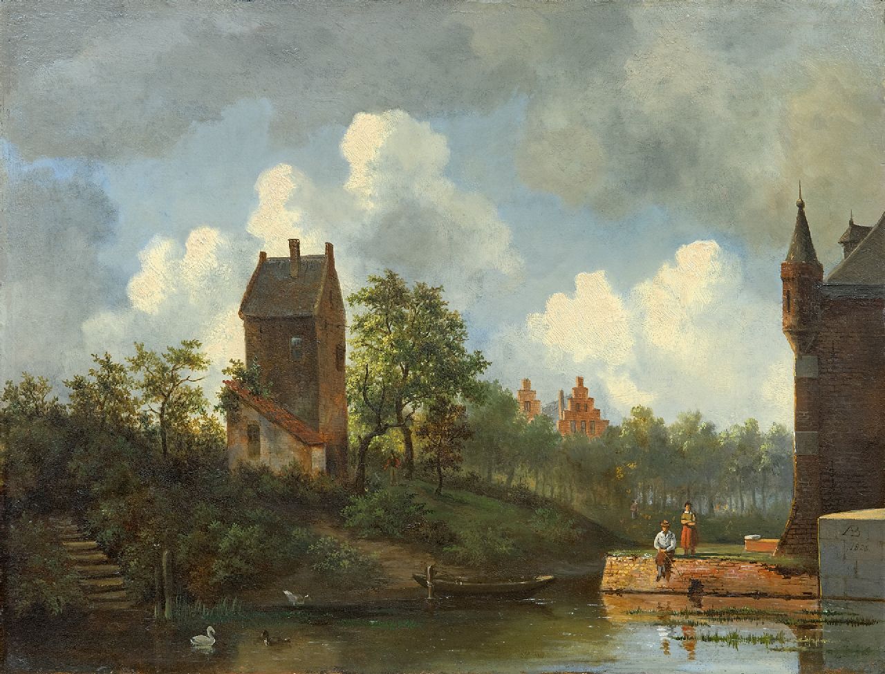 Brondgeest A. | Albertus Brondgeest, Slotgracht met een visser, olieverf op paneel 34,5 x 45,0 cm, gesigneerd rechtsonder met monogram en gedateerd 1826 Brondgeest A. | Albertus Brondgeest, Slotgracht met een visser, olieverf op paneel 34,5 x 45,0 cm, gesigneerd rechtsonder met monogram en gedateerd 1826