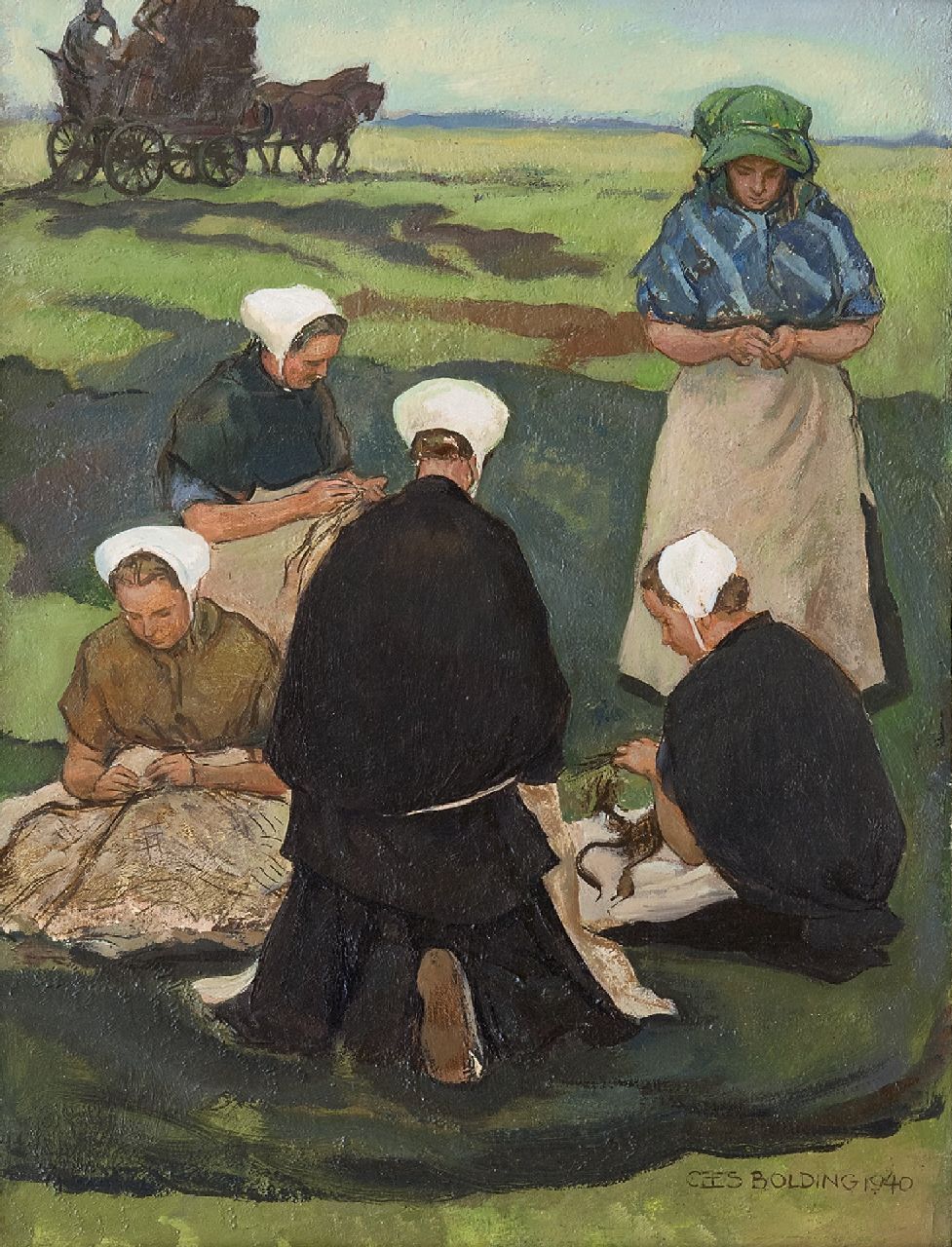 Bolding C. | Cornelis 'Cees' Bolding | Schilderijen te koop aangeboden | Scheveningse nettenboetsters, olieverf op doek op paneel 40,1 x 30,2 cm, gesigneerd rechtsonder en gedateerd 1940 Bolding C. | Cornelis 'Cees' Bolding | Schilderijen te koop aangeboden | Scheveningse nettenboetsters, olieverf op doek op paneel 40,1 x 30,2 cm, gesigneerd rechtsonder en gedateerd 1940