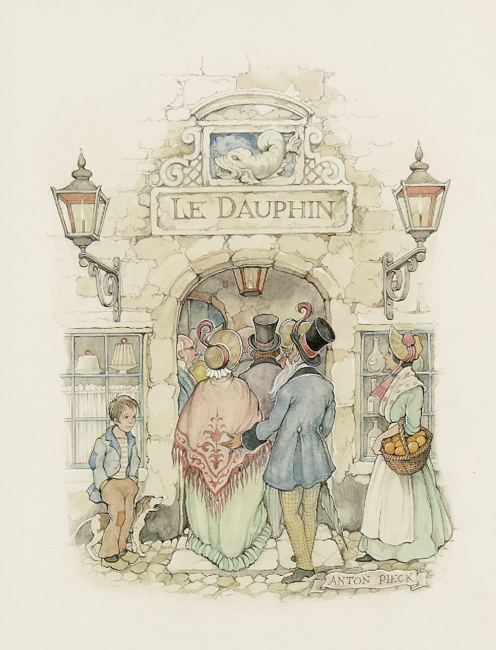 Pieck A.F. | 'Anton' Franciscus Pieck, Deftig gezelschap bij het betreden van 'Le Dauphin', potlood en aquarel op papier 29,7 x 23,0 cm, gesigneerd rechtsonder Pieck A.F. | 'Anton' Franciscus Pieck, Deftig gezelschap bij het betreden van 'Le Dauphin', potlood en aquarel op papier 29,7 x 23,0 cm, gesigneerd rechtsonder