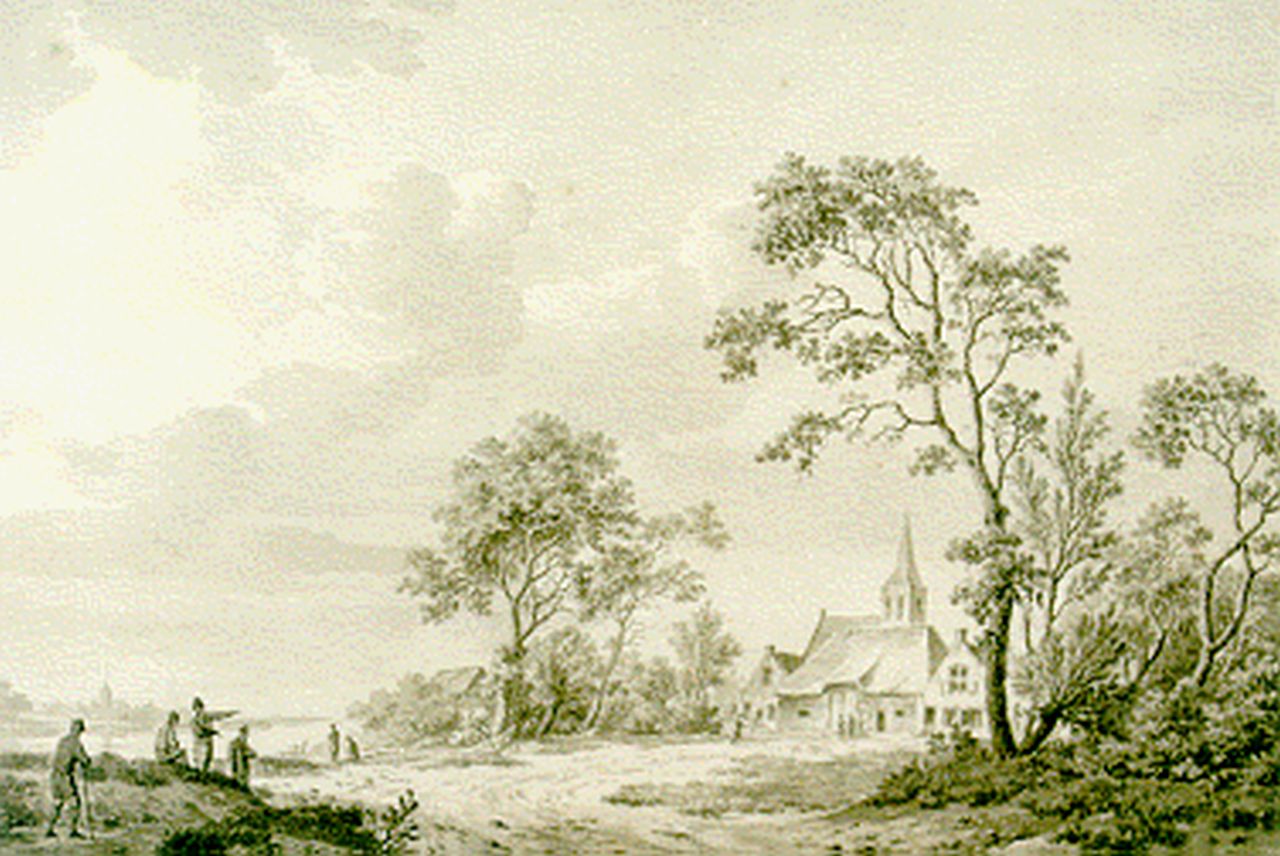 Koekkoek B.C. | Barend Cornelis Koekkoek, Figuren bij een zandpad van de rivier, sepia op papier 18,2 x 26,8 cm, gesigneerd l. v.h.m Koekkoek B.C. | Barend Cornelis Koekkoek, Figuren bij een zandpad van de rivier, sepia op papier 18,2 x 26,8 cm, gesigneerd l. v.h.m