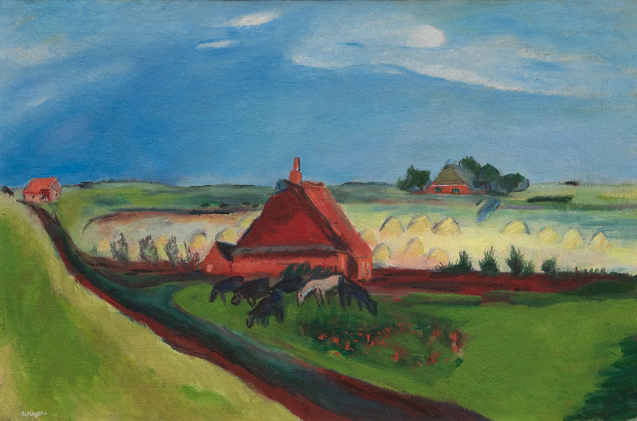 Wiegers J.  | Jan Wiegers, Polderlandschap met zeedijk, Groningen, wasverf op doek 53,0 x 80,3 cm, gesigneerd linksonder en te dateren ca. 1930-1933