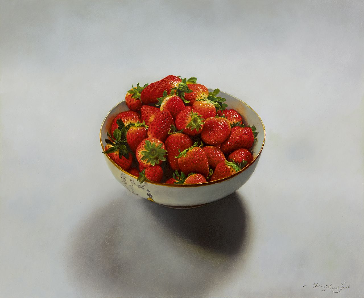 Elst W.  | Walter Elst, Aardbeien in een kom, olieverf op paneel 33,0 x 40,0 cm, gesigneerd rechtsonder en gedateerd 2008