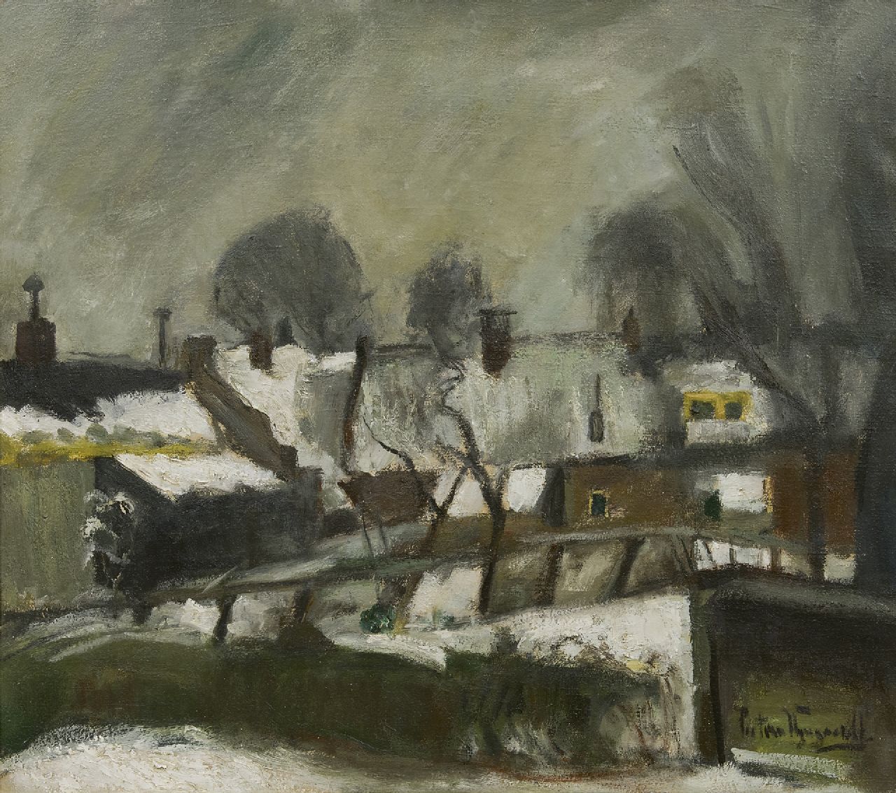 Wijngaerdt P.T. van | Petrus Theodorus 'Piet' van Wijngaerdt | Schilderijen te koop aangeboden | Abcoude in de winter, olieverf op doek 70,7 x 80,4 cm, gesigneerd rechtsonder en verso gedateerd 1946 Wijngaerdt P.T. van | Petrus Theodorus 'Piet' van Wijngaerdt | Schilderijen te koop aangeboden | Abcoude in de winter, olieverf op doek 70,7 x 80,4 cm, gesigneerd rechtsonder en verso gedateerd 1946
