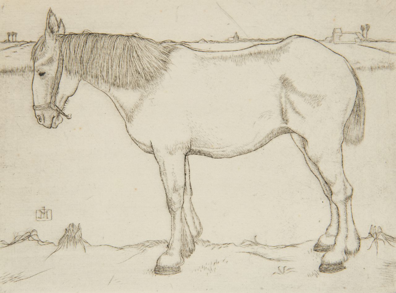 Mankes J. | Jan Mankes, Staand paard, ets op papier 11,7 x 15,8 cm, gesigneerd links van het midden met monogram in de plaat en te dateren 1917 Mankes J. | Jan Mankes, Staand paard, ets op papier 11,7 x 15,8 cm, gesigneerd links van het midden met monogram in de plaat en te dateren 1917