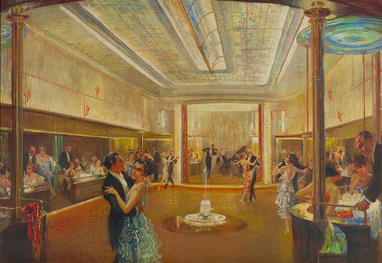Schwarmstädt F.  | Felix Schwarmstädt, Dansen aan boord van de ss Bremen, olieverf op doek 90,1 x 131,0 cm, gesigneerd linksonder en te dateren ca. 1928
