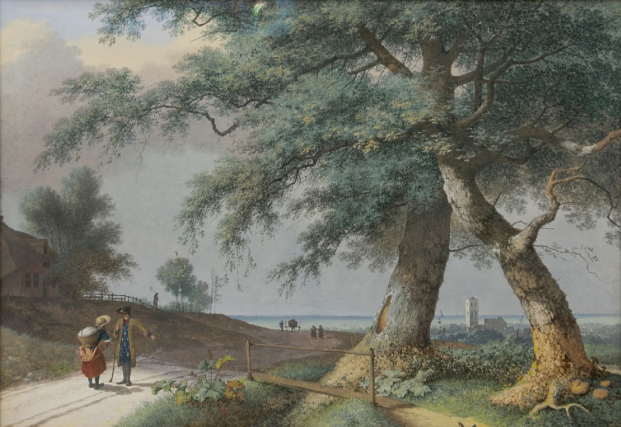 Knip J.A. | Josephus Augustus Knip, Italiaans landschap met figuren op een landweg, op de achtergrond een campanile, gouache op papier 49,5 x 71,5 cm Knip J.A. | Josephus Augustus Knip, Italiaans landschap met figuren op een landweg, op de achtergrond een campanile, gouache op papier 49,5 x 71,5 cm