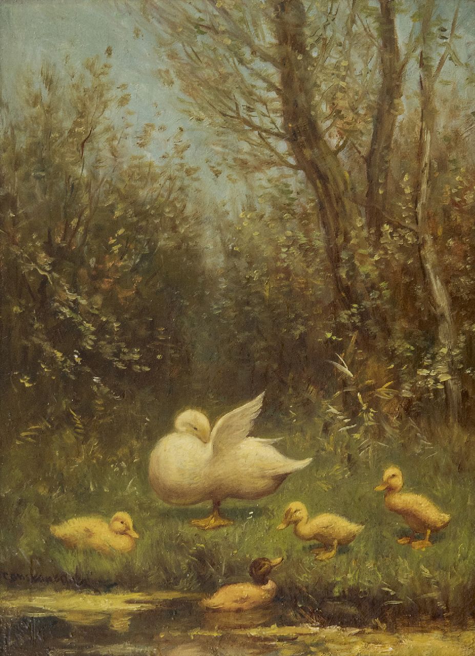 Artz C.D.L.  | 'Constant' David Ludovic Artz, Eend met kuikens op de slootoever, olieverf op paneel 24,1 x 18,1 cm, gesigneerd linksonder