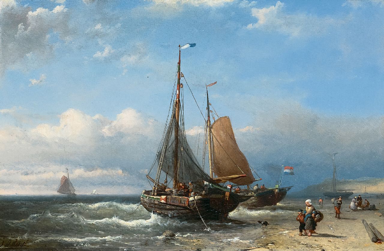 Rust J.A. | Johan 'Adolph' Rust | Schilderijen te koop aangeboden | Pinken voor anker op het strand, olieverf op paneel 24,3 x 36,6 cm, gesigneerd linksonder Rust J.A. | Johan 'Adolph' Rust | Schilderijen te koop aangeboden | Pinken voor anker op het strand, olieverf op paneel 24,3 x 36,6 cm, gesigneerd linksonder