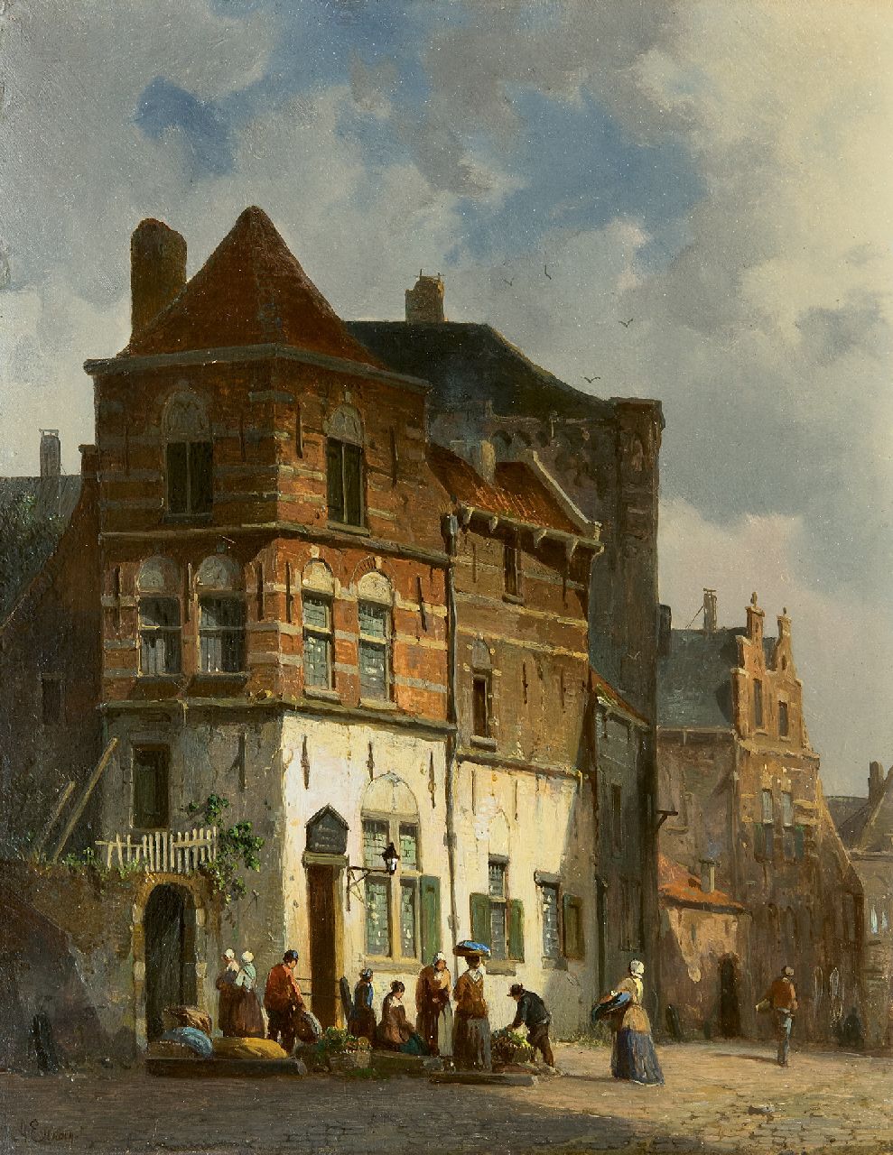 Eversen A. | Adrianus Eversen, Stadsgezicht met groenteverkopers, olieverf op paneel 27,4 x 21,3 cm, gesigneerd linksonder Eversen A. | Adrianus Eversen, Stadsgezicht met groenteverkopers, olieverf op paneel 27,4 x 21,3 cm, gesigneerd linksonder
