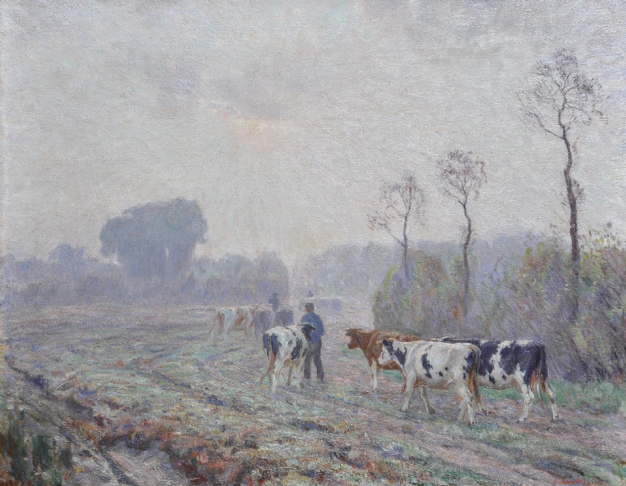 Meijer J. | Johannes 'Johan' Meijer, Vroege morgen: op weg naar de meent, olieverf op doek 65,2 x 85,7 cm, gesigneerd rechtsonder Meijer J. | Johannes 'Johan' Meijer, Vroege morgen: op weg naar de meent, olieverf op doek 65,2 x 85,7 cm, gesigneerd rechtsonder