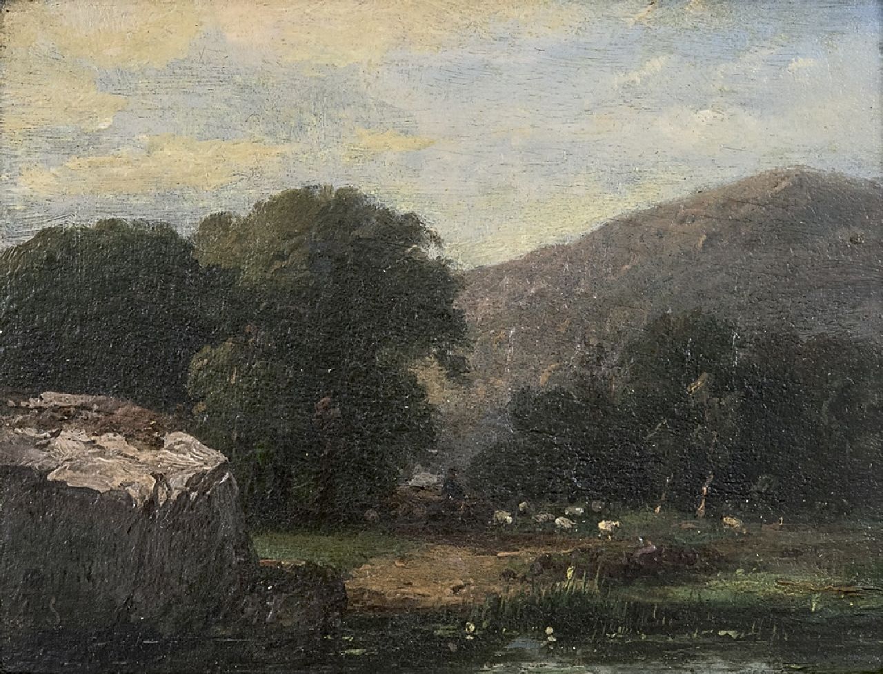 Schelfhout A.  | Andreas Schelfhout | Schilderijen te koop aangeboden | Heuvellandschap met schaapskudde en herder, olieverf op paneel 13,8 x 17,5 cm, gesigneerd linksonder met initialen A Sc