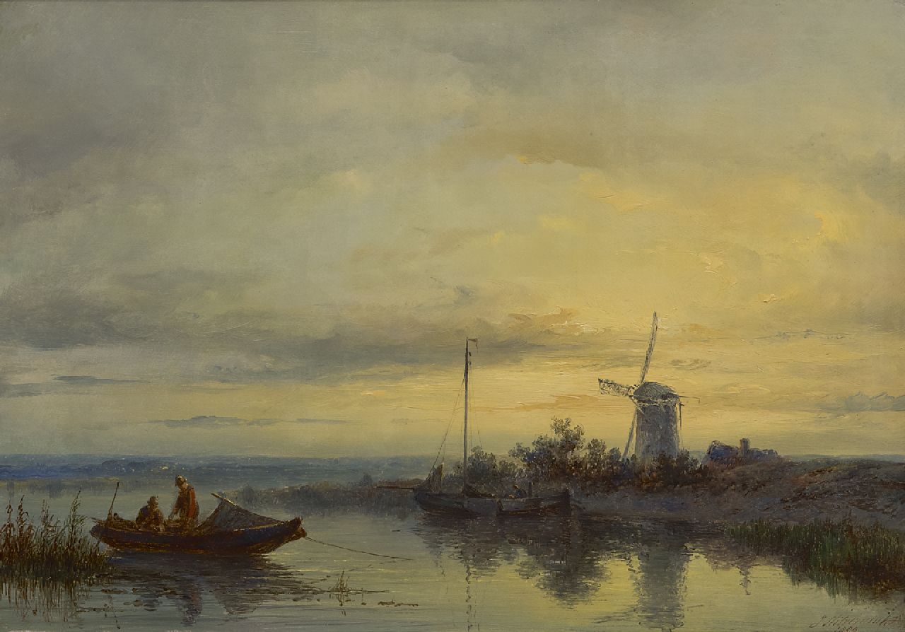Hilverdink J. | Johannes Hilverdink | Schilderijen te koop aangeboden | Rivierlandschap met afgemeerde roeiboot en vissers, olieverf op paneel 31,1 x 44,5 cm, gesigneerd rechtsonder en gedateerd 1869 Hilverdink J. | Johannes Hilverdink | Schilderijen te koop aangeboden | Rivierlandschap met afgemeerde roeiboot en vissers, olieverf op paneel 31,1 x 44,5 cm, gesigneerd rechtsonder en gedateerd 1869