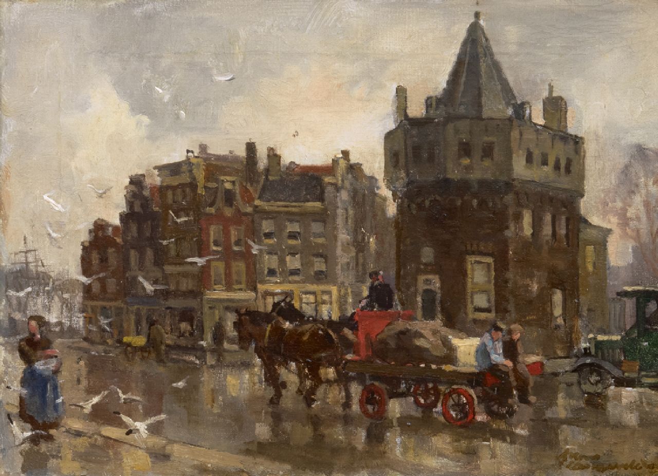 Langeveld F.A. | Franciscus Arnoldus 'Frans' Langeveld, Paard en wagen bij de Schreierstoren, Amsterdam, olieverf op doek 24,3 x 33,4 cm, gesigneerd rechtsonder Langeveld F.A. | Franciscus Arnoldus 'Frans' Langeveld, Paard en wagen bij de Schreierstoren, Amsterdam, olieverf op doek 24,3 x 33,4 cm, gesigneerd rechtsonder
