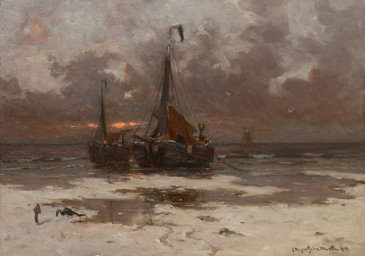Munthe G.A.L.  | Gerhard Arij Ludwig 'Morgenstjerne' Munthe, Vissersboten voor anker bij ondergaande zon, olieverf op doek 59,0 x 86,7 cm, gesigneerd rechtsonder en gedateerd 1909