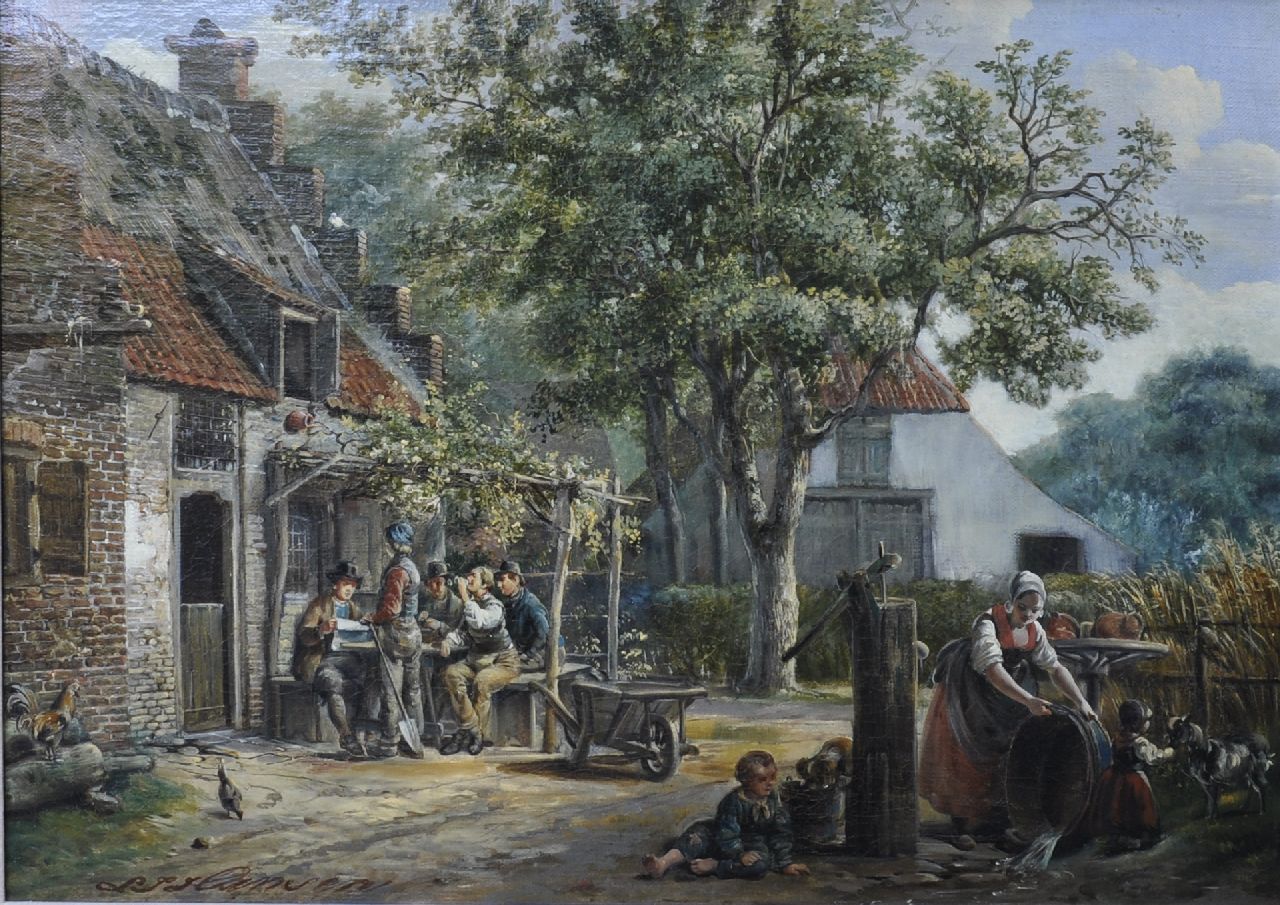 Hansen L.J. | Lambertus Johannes Hansen, Boerendorp met drinkers bij een herberg, olieverf op doek 41,1 x 56,1 cm, gesigneerd linksonder Hansen L.J. | Lambertus Johannes Hansen, Boerendorp met drinkers bij een herberg, olieverf op doek 41,1 x 56,1 cm, gesigneerd linksonder