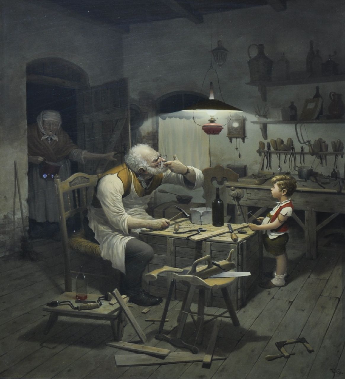 Gábor V.  | Vida Gábor, De onvoorzichtige timmerman, olieverf op paneel 50,0 x 40,1 cm, gesigneerd rechtsonder met initialen