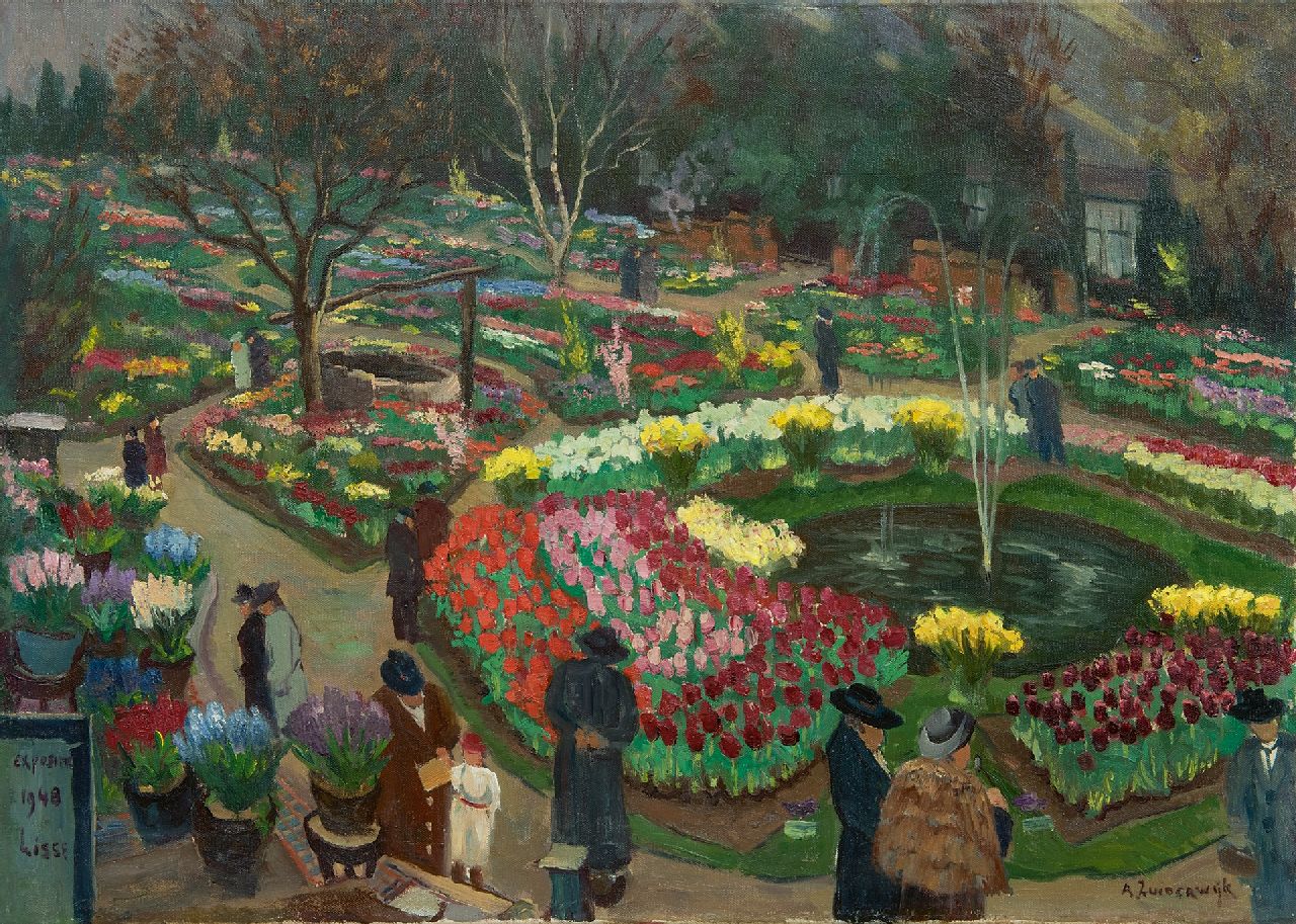 Zuiderwijk A. | Adrianus Zuiderwijk, Bloemententoonstelling Lenteflora in Lisse, 1948, olieverf op doek 50,3 x 70,2 cm, gesigneerd rechtsonder Zuiderwijk A. | Adrianus Zuiderwijk, Bloemententoonstelling Lenteflora in Lisse, 1948, olieverf op doek 50,3 x 70,2 cm, gesigneerd rechtsonder