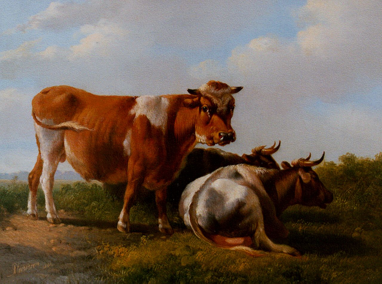 Verhoesen A. | Albertus Verhoesen, Een stier en twee koeien in de weide, olieverf op paneel 17,0 x 22,4 cm, gesigneerd linksonder en gedateerd 1846 Verhoesen A. | Albertus Verhoesen, Een stier en twee koeien in de weide, olieverf op paneel 17,0 x 22,4 cm, gesigneerd linksonder en gedateerd 1846