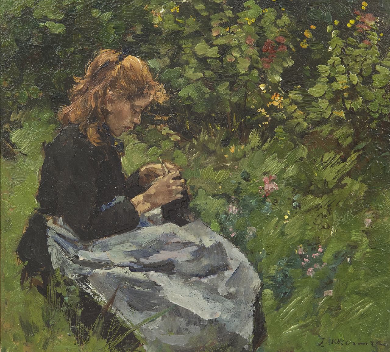 Akkeringa J.E.H. | 'Johannes Evert' Hendrik Akkeringa, Breiend meisje in de tuin, olieverf op paneel 23,6 x 25,7 cm, gesigneerd rechtsonder Akkeringa J.E.H. | 'Johannes Evert' Hendrik Akkeringa, Breiend meisje in de tuin, olieverf op paneel 23,6 x 25,7 cm, gesigneerd rechtsonder