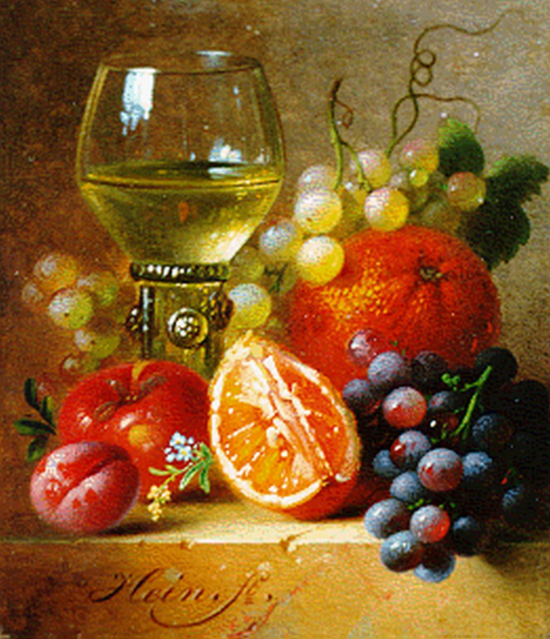 Hein H.J. | Hendrik Jan Hein, Stilleven met wijn en fruit, olieverf op paneel 10,1 x 8,7 cm, gesigneerd linksonder Hein H.J. | Hendrik Jan Hein, Stilleven met wijn en fruit, olieverf op paneel 10,1 x 8,7 cm, gesigneerd linksonder