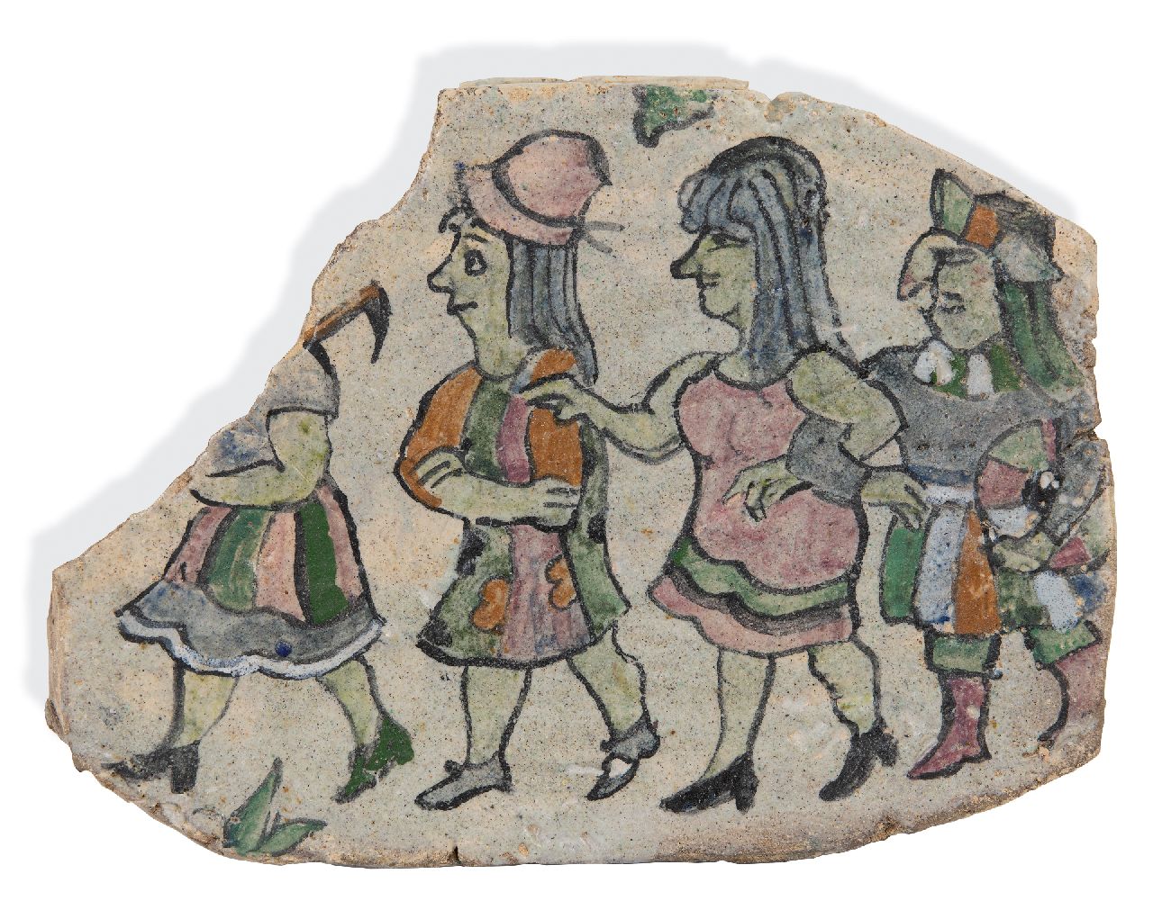 Kamerlingh Onnes H.H.  | 'Harm' Henrick Kamerlingh Onnes, Scherf met vier figuren: De polonaise, geglazuurd aardewerk 22,0 x 29,5 cm, gesigneerd verso met monogram en verso gedateerd '73