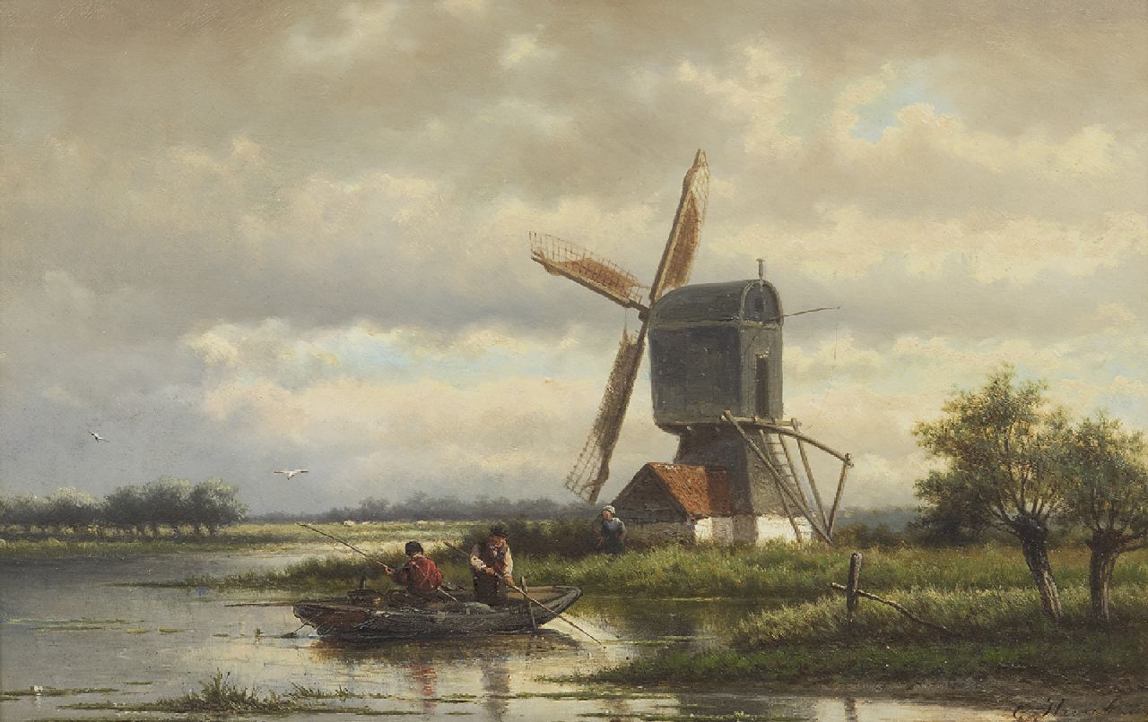 Heerebaart G. | Georgius Heerebaart | Schilderijen te koop aangeboden | Vissers bij een molen in een plassenlandschap, olieverf op paneel 26,4 x 40,8 cm, gesigneerd rechtsonder Heerebaart G. | Georgius Heerebaart | Schilderijen te koop aangeboden | Vissers bij een molen in een plassenlandschap, olieverf op paneel 26,4 x 40,8 cm, gesigneerd rechtsonder