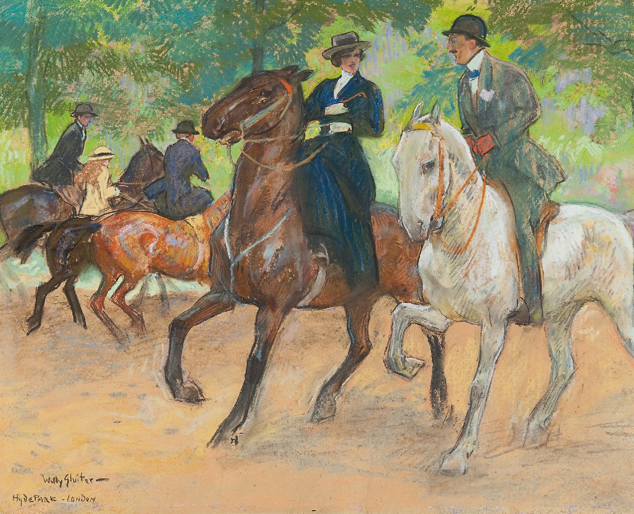 Sluiter J.W.  | Jan Willem 'Willy' Sluiter | Aquarellen en tekeningen te koop aangeboden | Paardrijden in Hyde Park, Londen, pastel op papier 38,0 x 49,0 cm, gesigneerd linksonder
