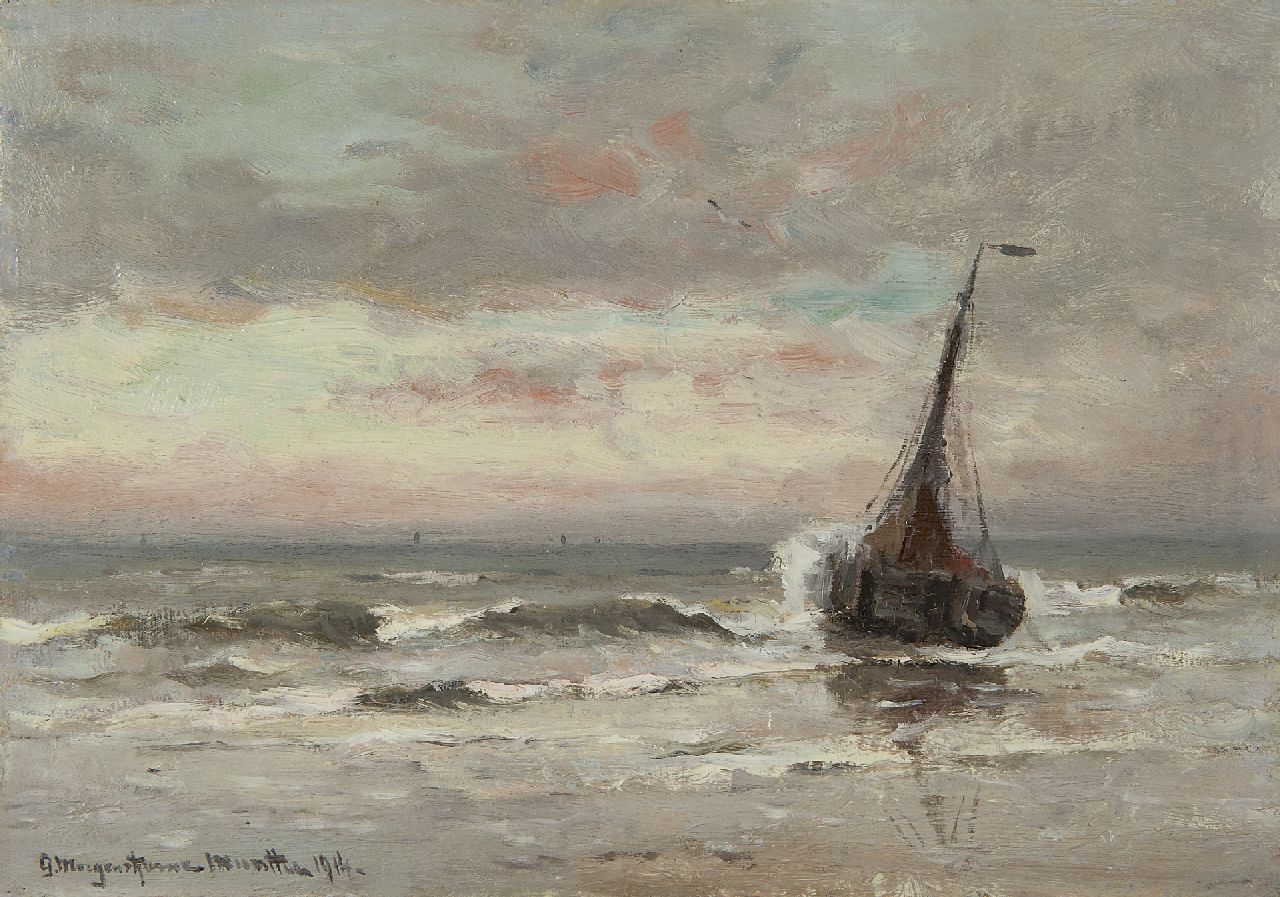 Munthe G.A.L. | Gerhard Arij Ludwig 'Morgenstjerne' Munthe, Bomschuit in woelige branding, olieverf op doek 40,0 x 49,9 cm, gesigneerd rechtsonder en gedateerd '14 Munthe G.A.L. | Gerhard Arij Ludwig 'Morgenstjerne' Munthe, Bomschuit in woelige branding, olieverf op doek 40,0 x 49,9 cm, gesigneerd rechtsonder en gedateerd '14