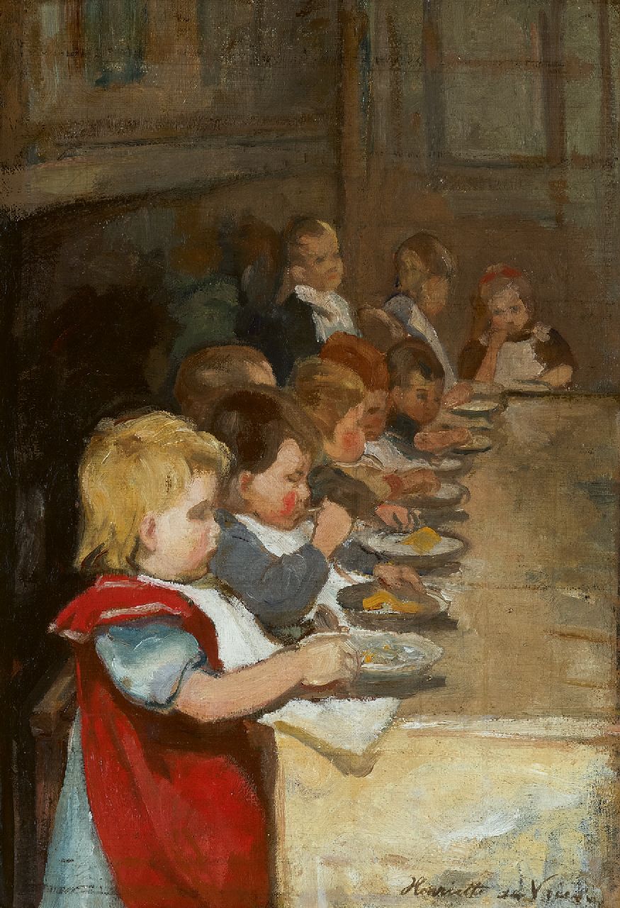 Vries S.C.H. de | Susanna Cornelia 'Henriëtte' de Vries, Kindermaaltijd, olieverf op doek 42,4 x 32,2 cm, gesigneerd rechtsonder Vries S.C.H. de | Susanna Cornelia 'Henriëtte' de Vries, Kindermaaltijd, olieverf op doek 42,4 x 32,2 cm, gesigneerd rechtsonder