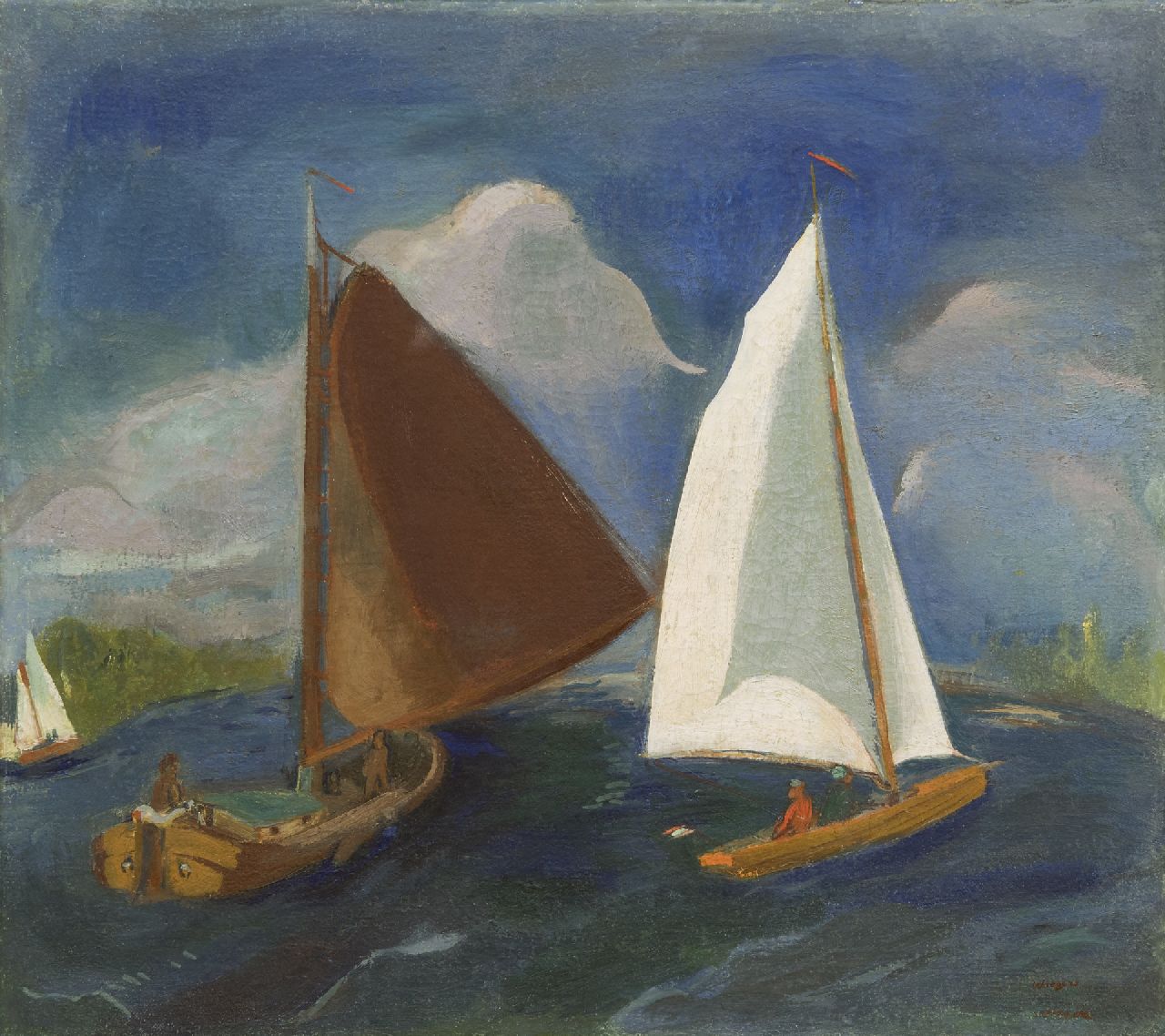 Wiegers J. | Jan Wiegers, Zeilboten op het Paterswoldsemeer, wasverf op doek 45,5 x 50,4 cm, gesigneerd rechtsonder (tweemaal) en te dateren ca. 1931 Wiegers J. | Jan Wiegers, Zeilboten op het Paterswoldsemeer, wasverf op doek 45,5 x 50,4 cm, gesigneerd rechtsonder (tweemaal) en te dateren ca. 1931