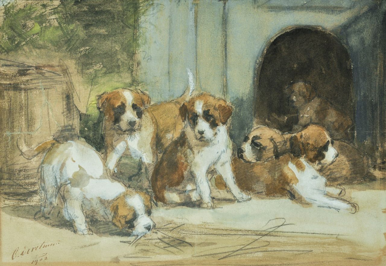 Eerelman O. | Otto Eerelman, Sint-Bernard pups, krijt en aquarel op papier 22,8 x 32,6 cm, gesigneerd linksonder en gedateerd 1902 Eerelman O. | Otto Eerelman, Sint-Bernard pups, krijt en aquarel op papier 22,8 x 32,6 cm, gesigneerd linksonder en gedateerd 1902