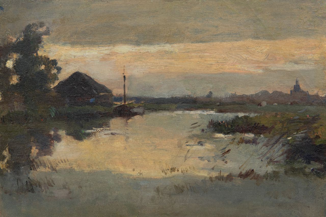Knikker A.  | Aris Knikker | Schilderijen te koop aangeboden | Riviergezicht bij avond, olieverf op doek op paneel 23,2 x 33,4 cm, zonder lijst