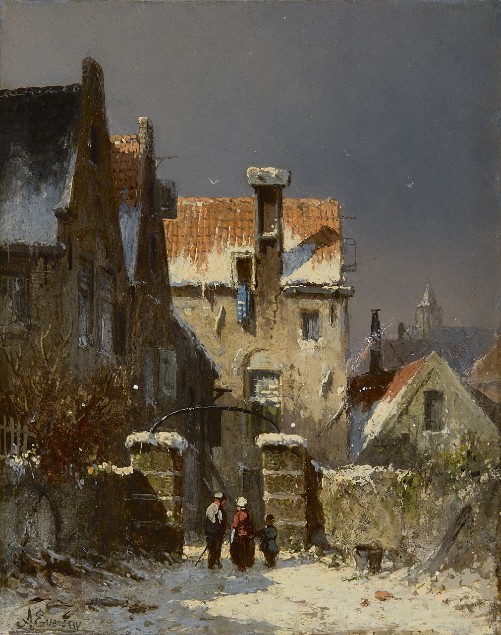 Eversen A. | Adrianus Eversen, Winters straatje met figuren, olieverf op paneel 19,0 x 15,1 cm, gesigneerd linksonder Eversen A. | Adrianus Eversen, Winters straatje met figuren, olieverf op paneel 19,0 x 15,1 cm, gesigneerd linksonder