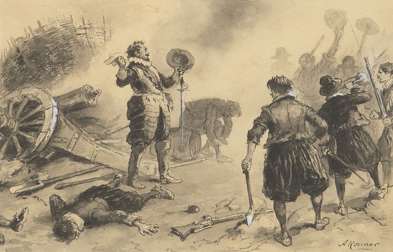 Ronner A. | Alfred Ronner | Aquarellen en tekeningen te koop aangeboden | Overwinning op het slagveld (80 jarige oorlog), inkt en gouache op papier 14,7 x 21,7 cm, gesigneerd rechtsonder Ronner A. | Alfred Ronner | Aquarellen en tekeningen te koop aangeboden | Overwinning op het slagveld (80 jarige oorlog), inkt en gouache op papier 14,7 x 21,7 cm, gesigneerd rechtsonder