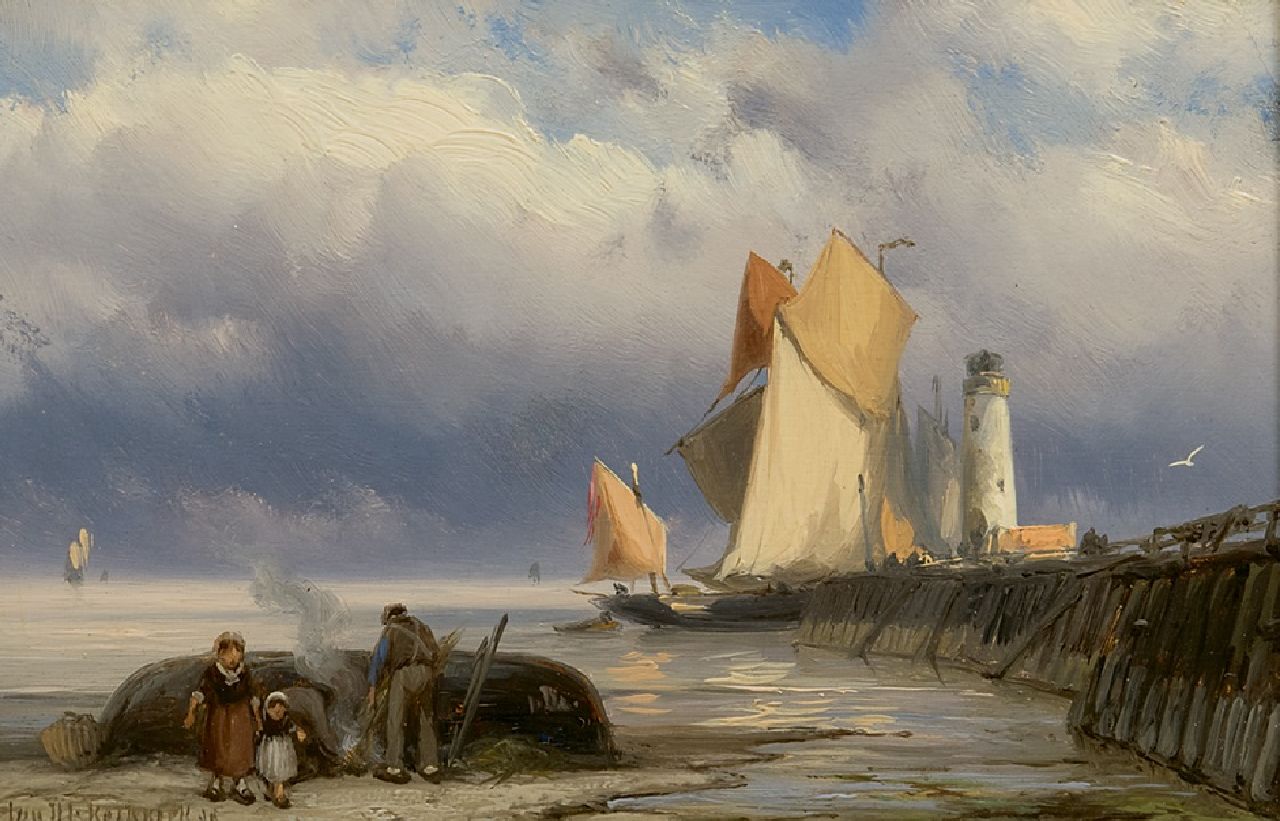 Koekkoek J.H.B.  | Johannes Hermanus Barend 'Jan H.B.' Koekkoek, Haveningang bij eb, olieverf op paneel 12,4 x 18,6 cm, gesigneerd linksonder en gedateerd '89
