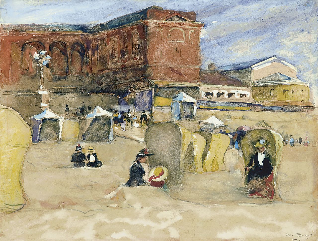 Zwart W.H.P.J. de | Wilhelmus Hendrikus Petrus Johannes 'Willem' de Zwart | Aquarellen en tekeningen te koop aangeboden | Het strand van Scheveningen met rechts het Palais de Danse, zwart krijt en aquarel op papier 24,6 x 32,3 cm, gesigneerd rechtsonder