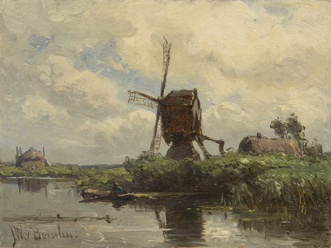 Borselen J.W. van | Jan Willem van Borselen, Wipmolen aan het water, olieverf op paneel 9,0 x 11,9 cm, gesigneerd linksonder Borselen J.W. van | Jan Willem van Borselen, Wipmolen aan het water, olieverf op paneel 9,0 x 11,9 cm, gesigneerd linksonder