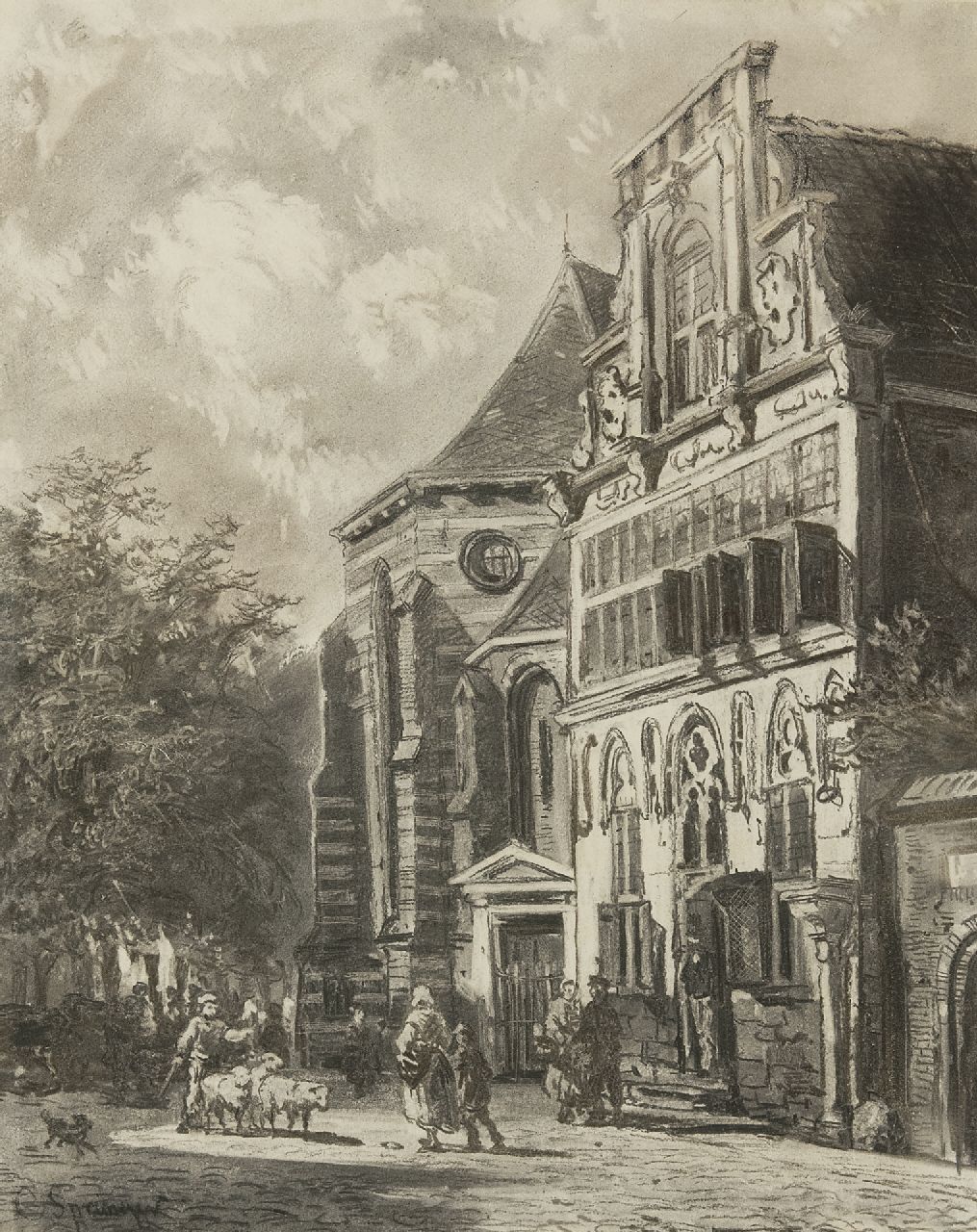 Springer C. | Cornelis Springer, Zomers gezicht op de Petruskerk en het Stedehuys te Woerden, houtskool op papier 48,5 x 39,5 cm, gesigneerd linksonder en te dateren ca. 1858 Springer C. | Cornelis Springer, Zomers gezicht op de Petruskerk en het Stedehuys te Woerden, houtskool op papier 48,5 x 39,5 cm, gesigneerd linksonder en te dateren ca. 1858