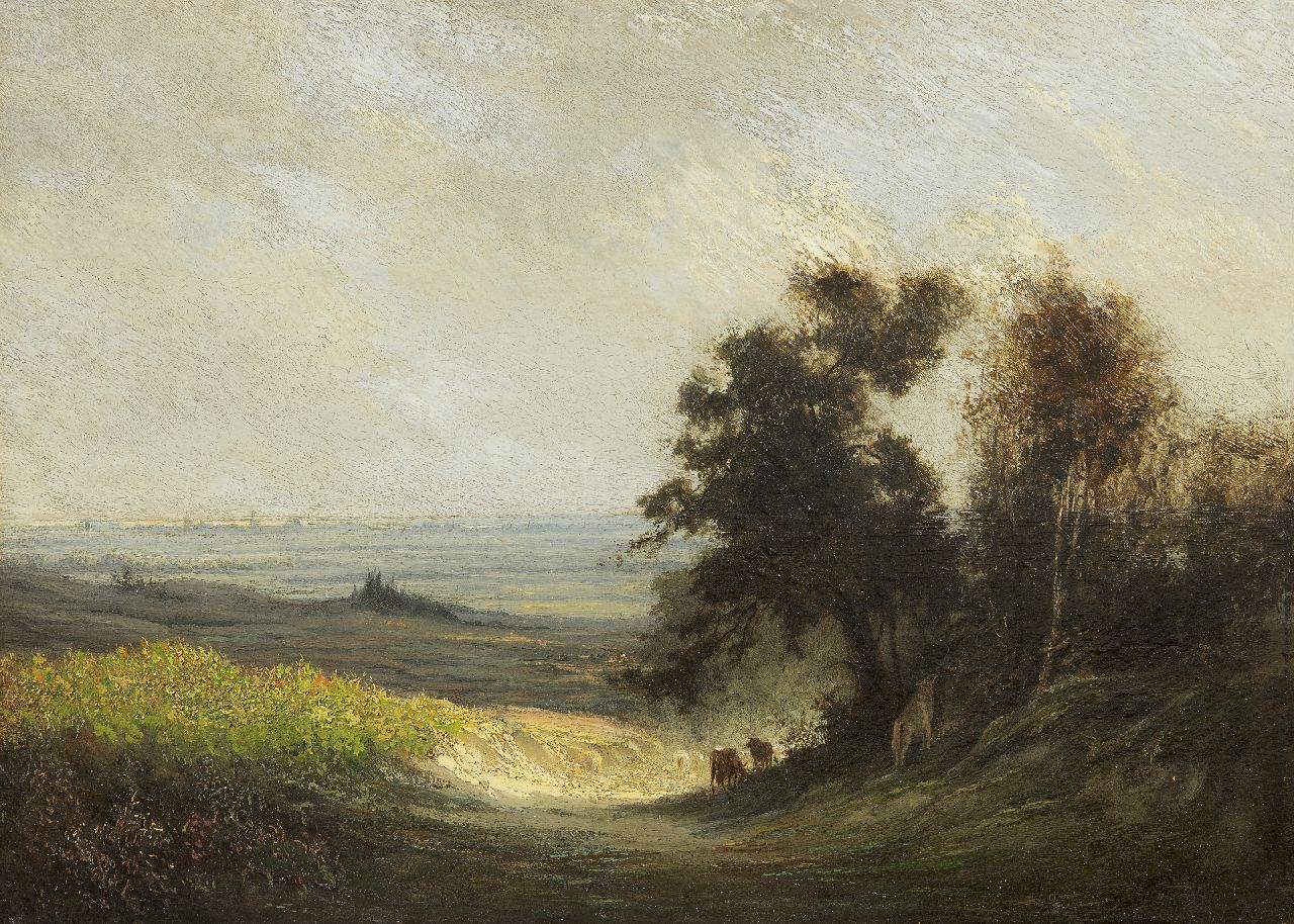 Michel G. | Georges Michel, Panoramisch landschap met twee grazende koeien, olieverf op paneel 28,3 x 39,2 cm Michel G. | Georges Michel, Panoramisch landschap met twee grazende koeien, olieverf op paneel 28,3 x 39,2 cm