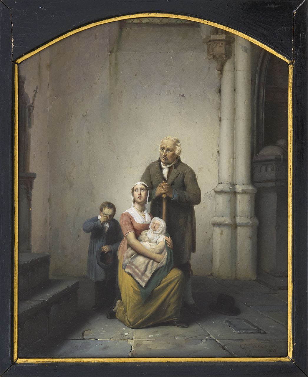 Haanen G.G.  | George Gillis Haanen, Familie bij kerkuitgang, olieverf op paneel 34,3 x 27,1 cm, gesigneerd rechtsonder en gedateerd 1832